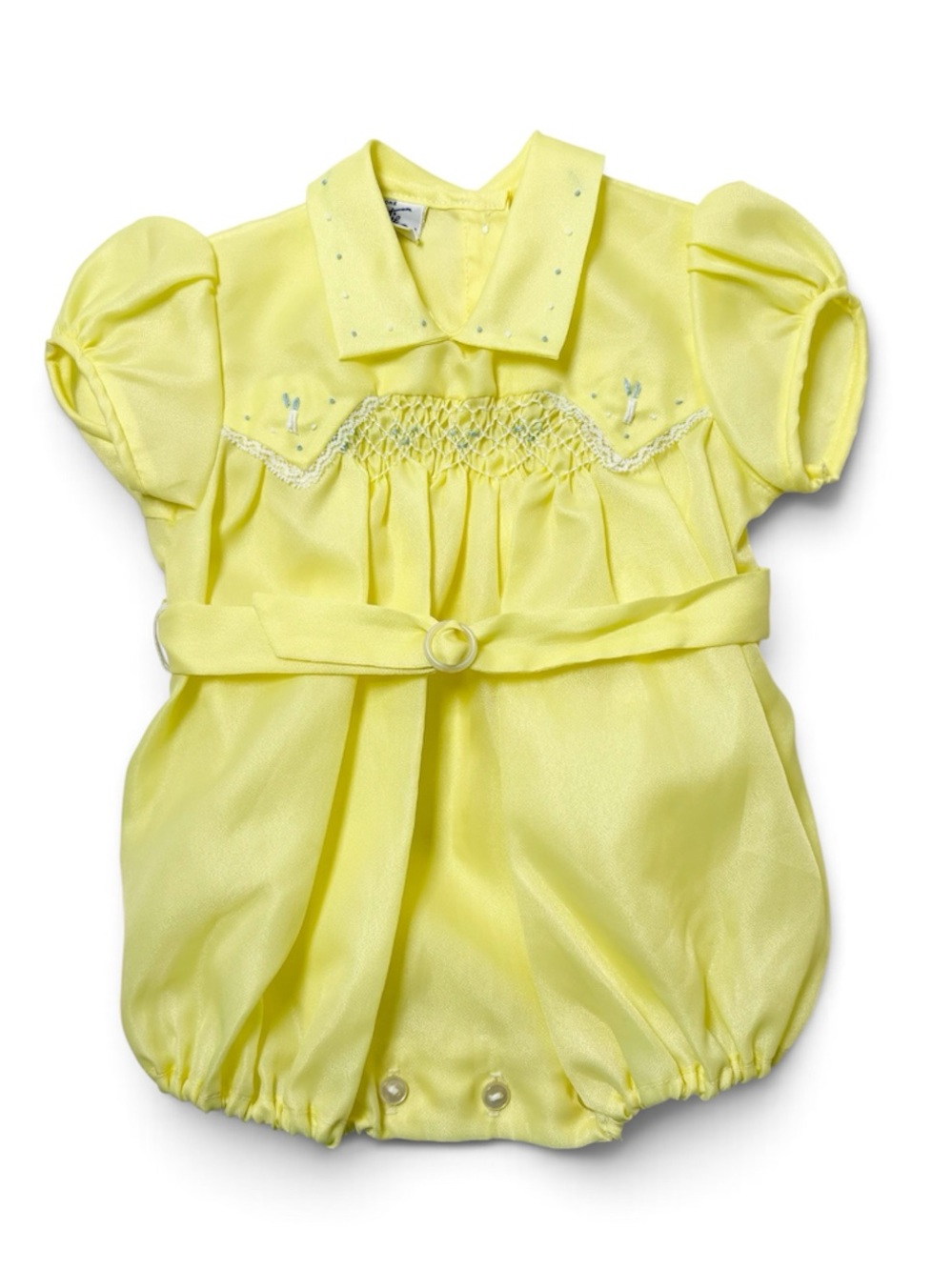 Vintage 70s Marie France Montreal Hand Smocked Embroidered Bubble Romper 0-3M